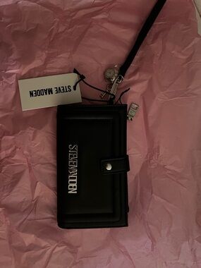 Steve Madden Black Leather Wristlet with Silver Logo